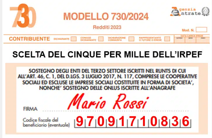 Esempio compilazione 5x1000 Sant'Egidio Sicilia con CF 97091710836