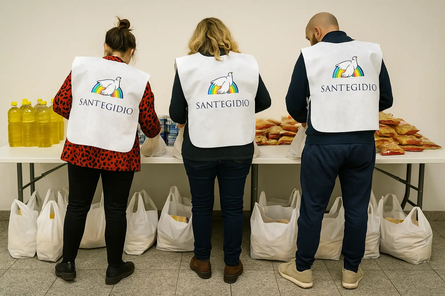 Volontaria Sant'Egidio Sicilia consegna una busta della spesa a una famiglia bisognosa
